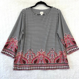 Chicos 2 Black White Pink Striped Paisley Artsy Shirt Classic Chic sz Large